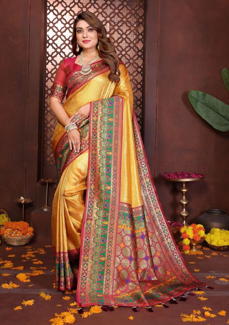 Mustard Woven Silk Blend Saree Set for Diwali and Festive Wear - Indya