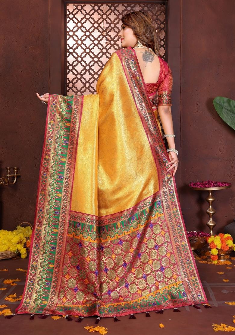 Mustard Woven Silk Blend Saree Set - Indya