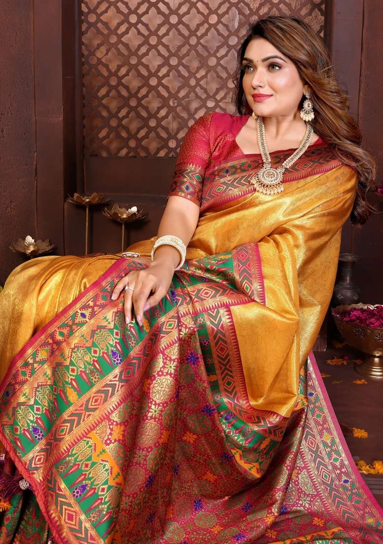 Mustard Woven Silk Blend Saree Set for Diwali and Festive Wear - Indya