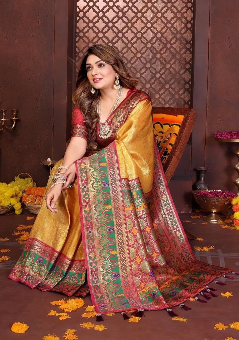 Mustard Woven Silk Blend Saree Set - Indya