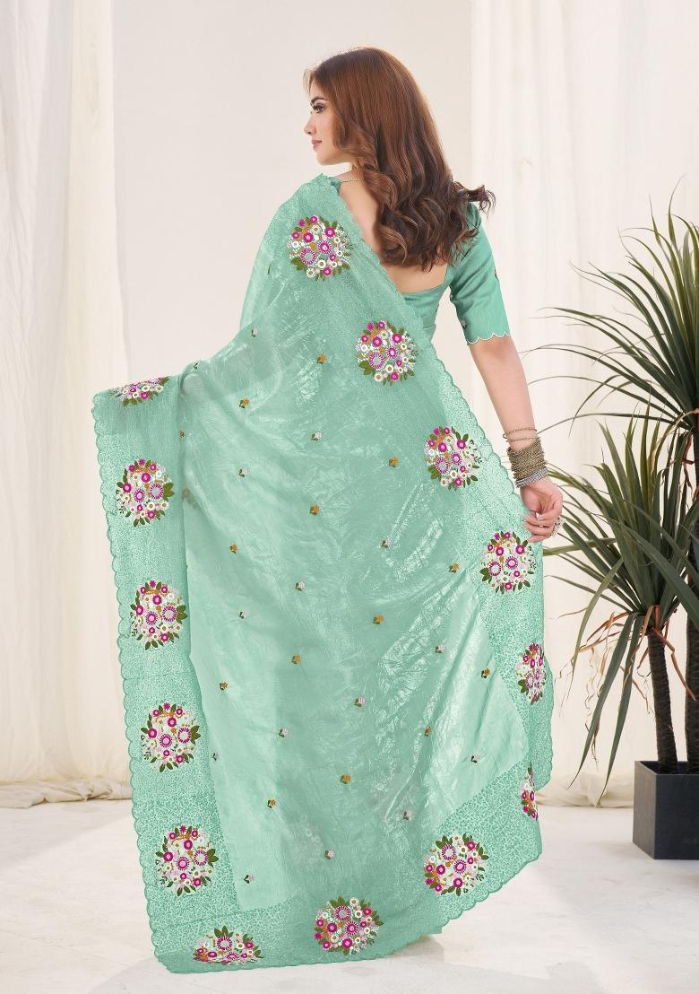 Green Embroidered Chiffon Saree Set - Indya