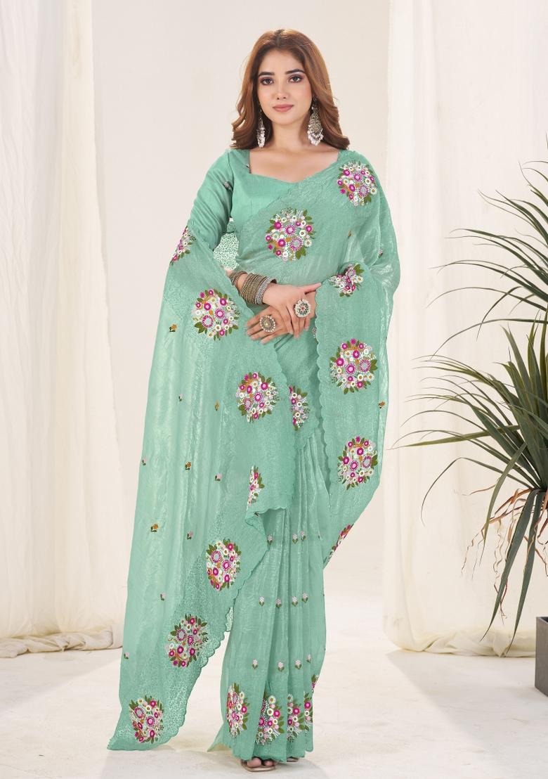 Green Embroidered Chiffon Saree Set - Indya