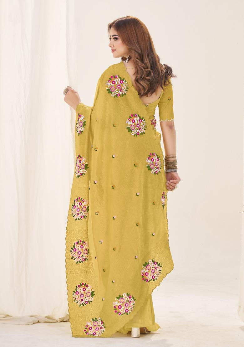 Mustard Embroidered Chiffon Saree Set - Indya