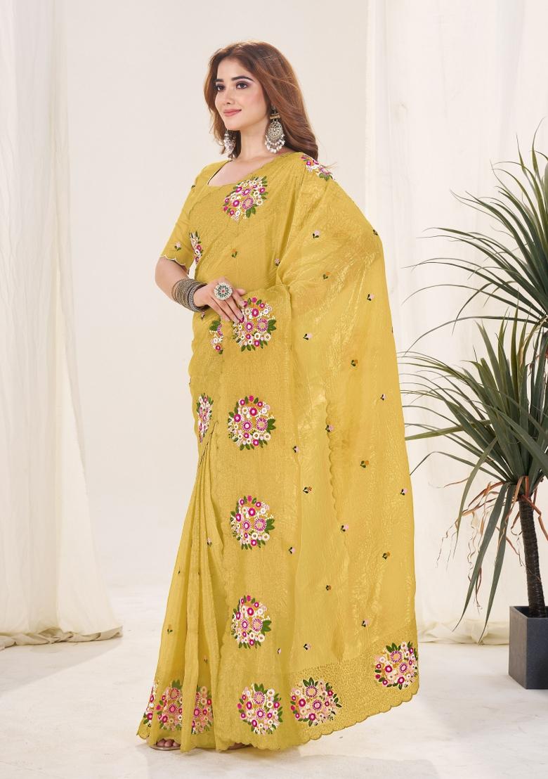 Mustard Embroidered Chiffon Saree Set - Indya