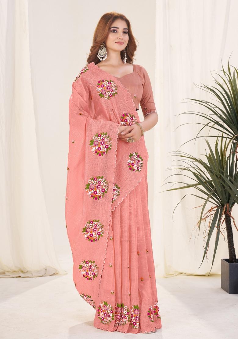 Red Embroidered Chiffon Saree Set - Indya