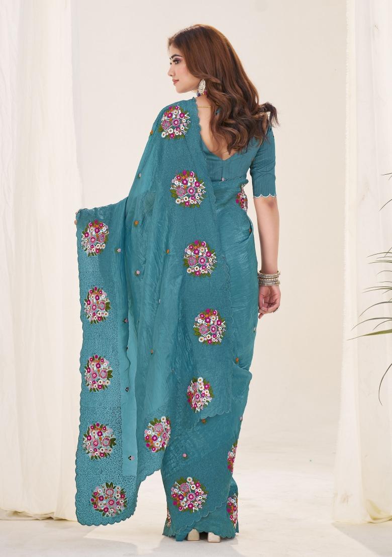 Blue Embroidered Chiffon Saree Set - Indya