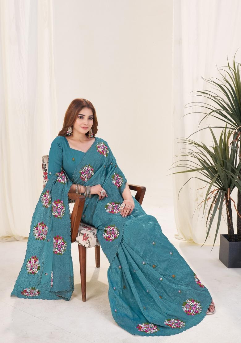 Blue Embroidered Chiffon Saree Set - Indya