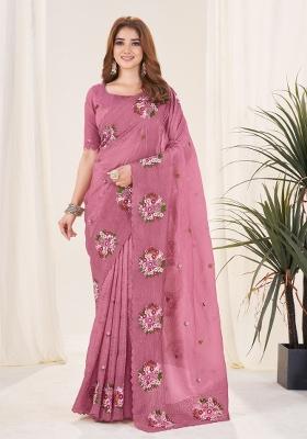 Pink Embroidered Chiffon Saree Set