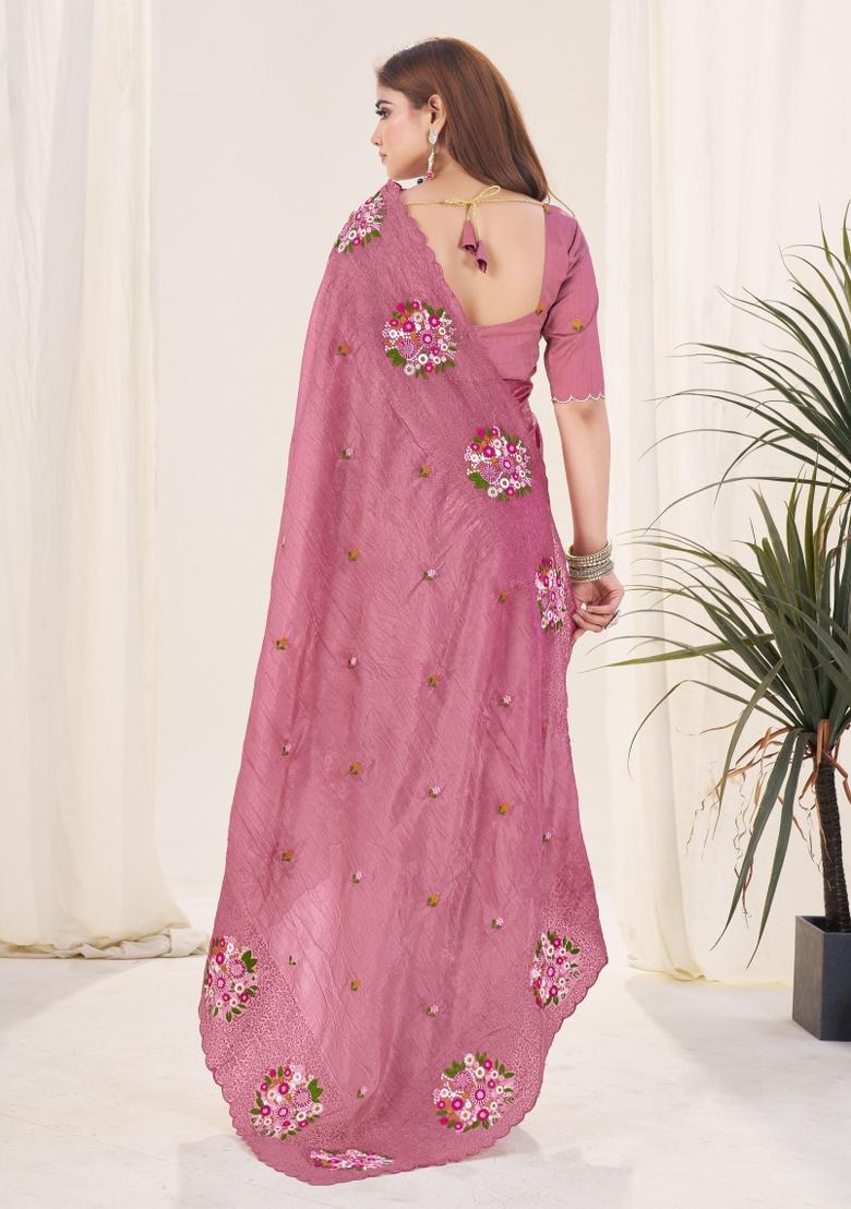 Pink Embroidered Chiffon Saree Set - Indya