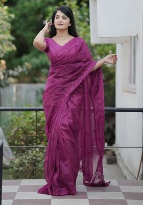 Purple Embroidered Net Saree Set
