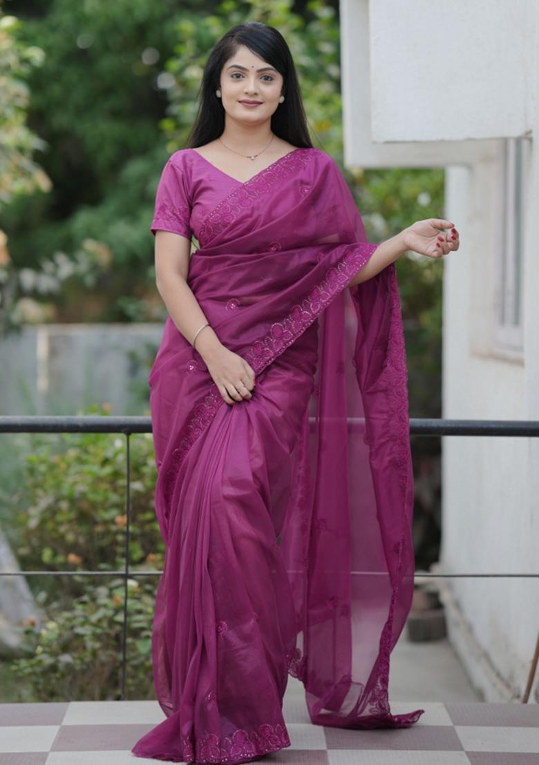 Purple Embroidered Net Saree Set - Indya