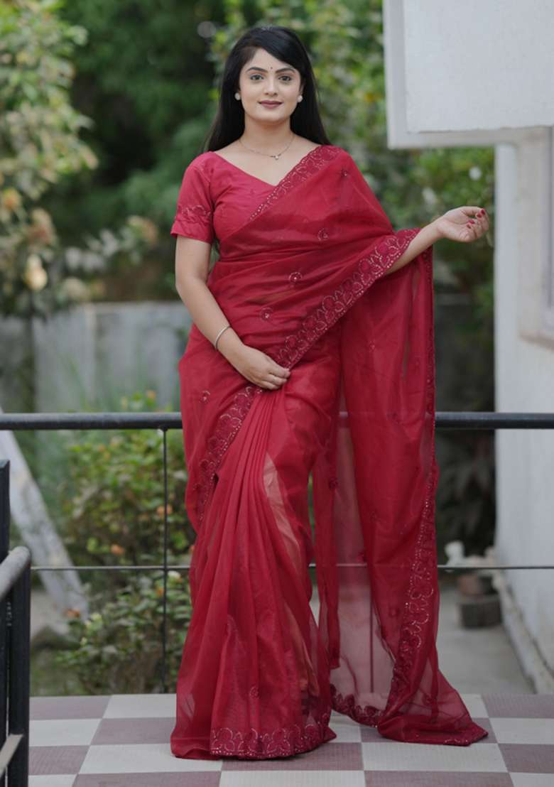 Maroon Net Saree Set with Embroidered for Diwali | Wedding & Festive Wear - Indya