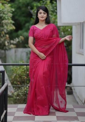 Pink Embroidered Net Saree Set