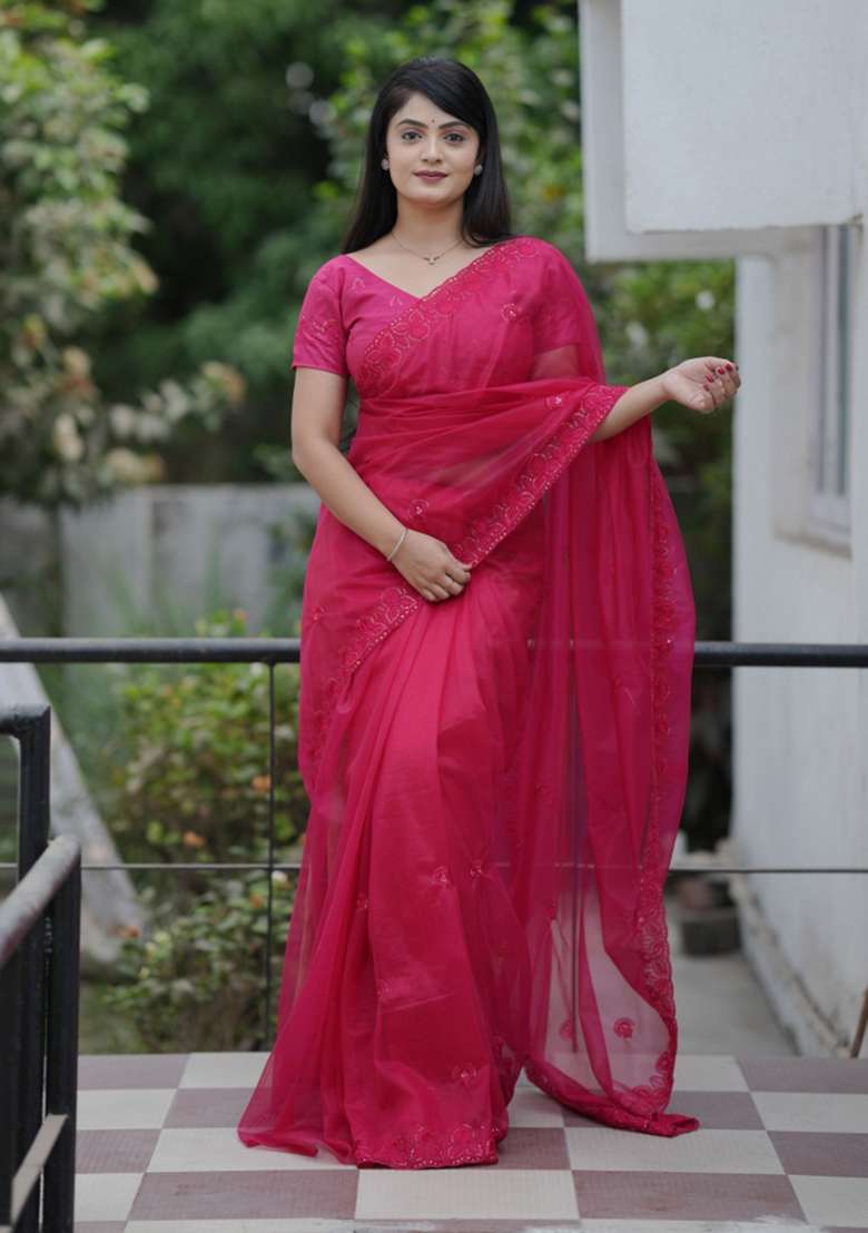 Pink Embroidered Net Saree Set for Diwali and Festive Wear - Indya