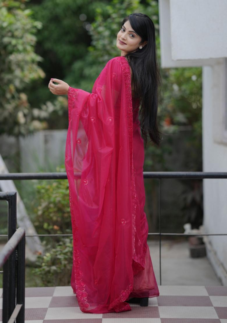 Pink Embroidered Net Saree Set - Indya