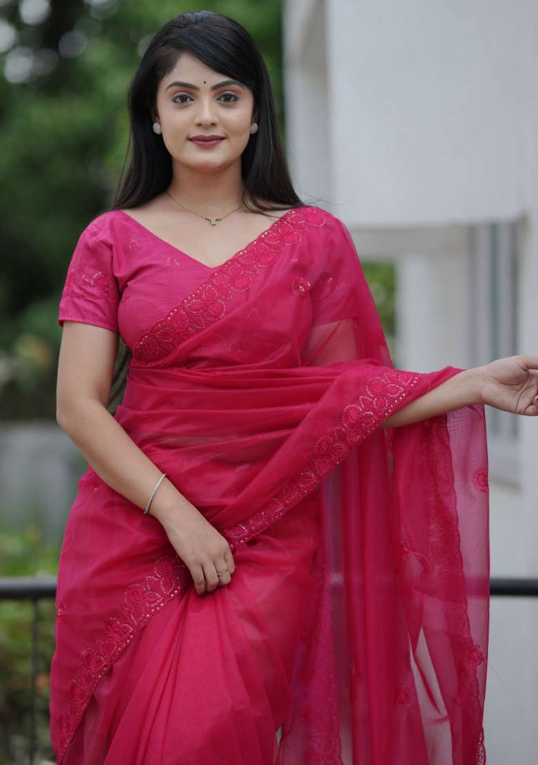 Pink Embroidered Net Saree Set for Diwali and Festive Wear - Indya