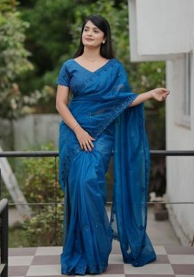 Blue Embroidered Net Saree Set