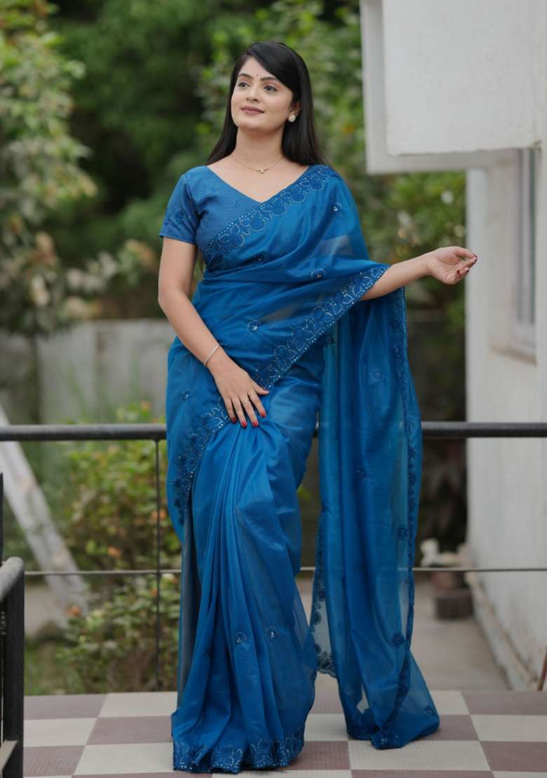 Blue Net Saree Set with Embroidered for Diwali | Wedding & Festive Wear - Indya