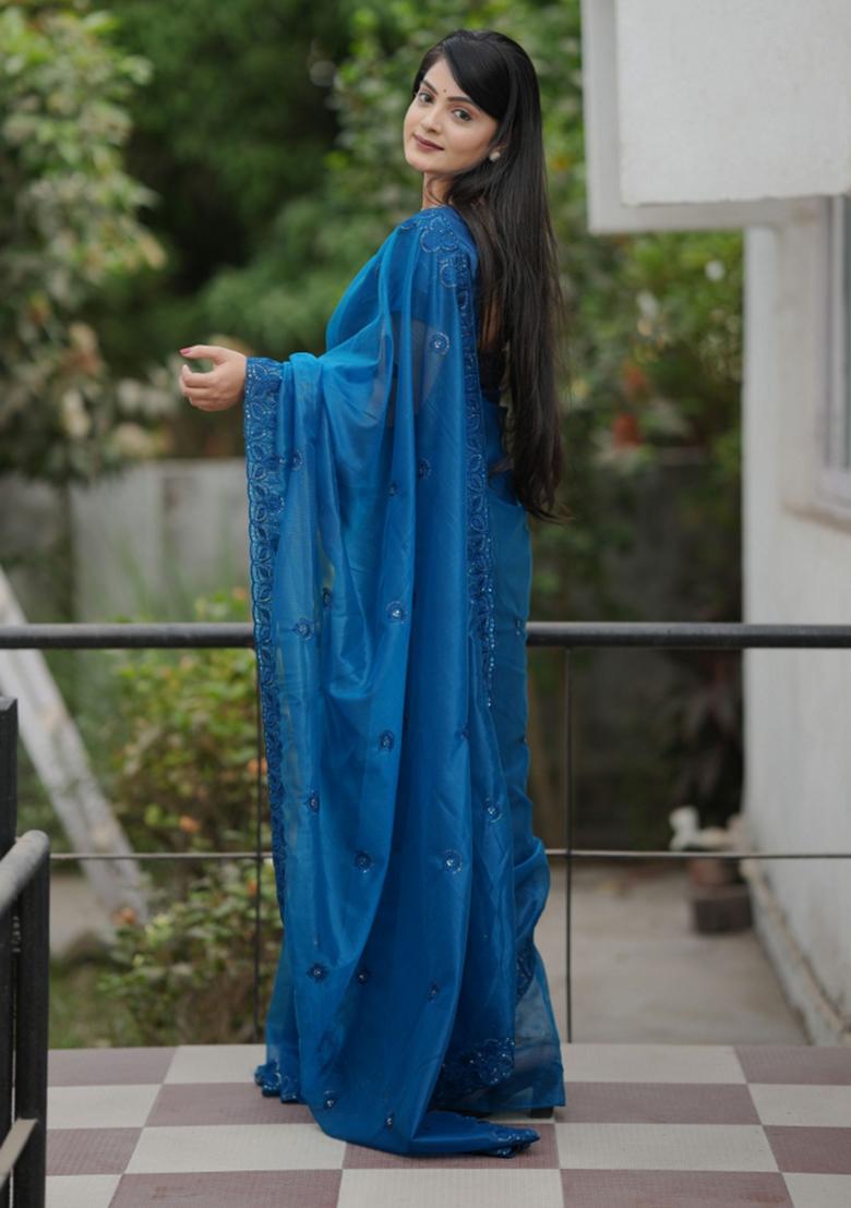 Blue Embroidered Net Saree Set - Indya