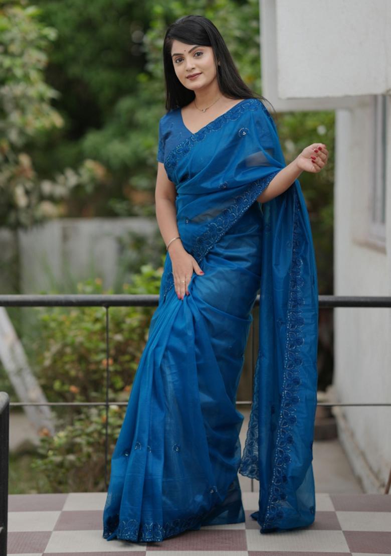 Blue Embroidered Net Saree Set - Indya