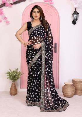 Black Printed Faux Georgette Saree Set