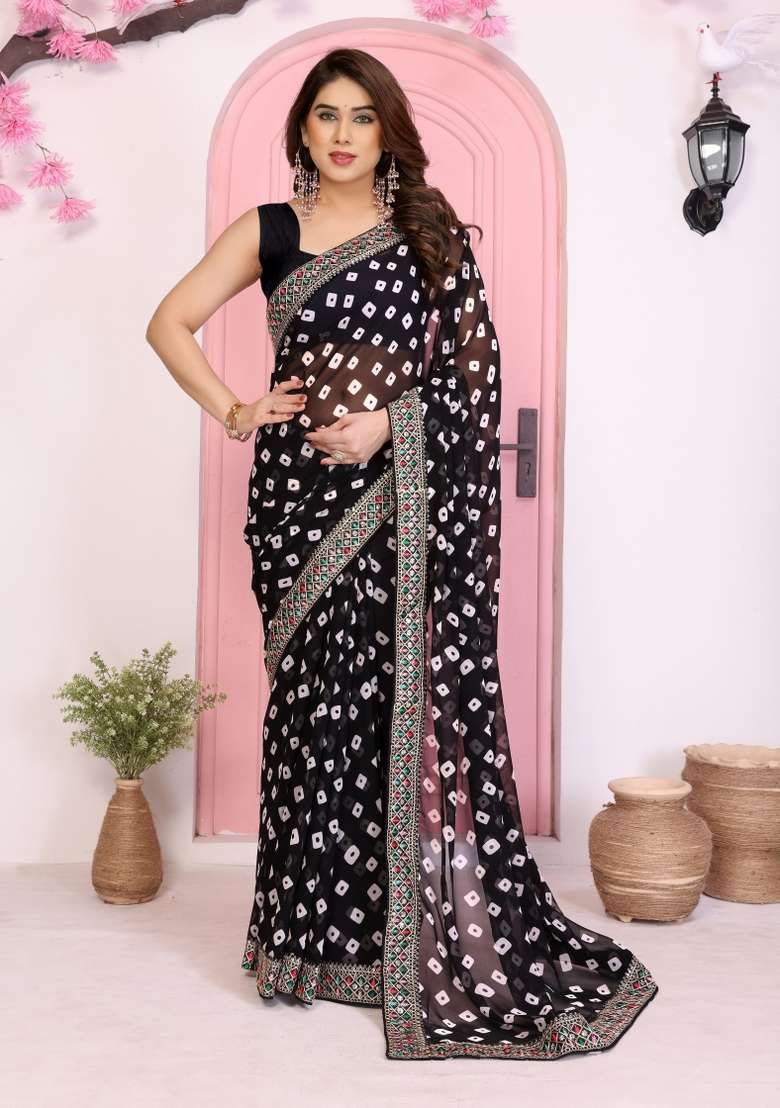 Black Faux Georgette Saree Set with Printed for Diwali | Wedding & Festive Wear - Indya