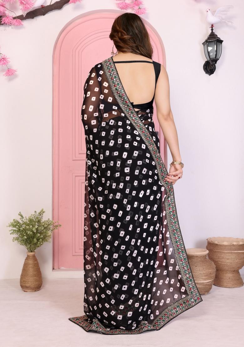 Black Printed Faux Georgette Saree Set - Indya