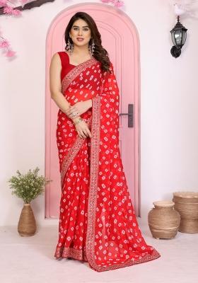 Red Printed Faux Georgette Saree Set