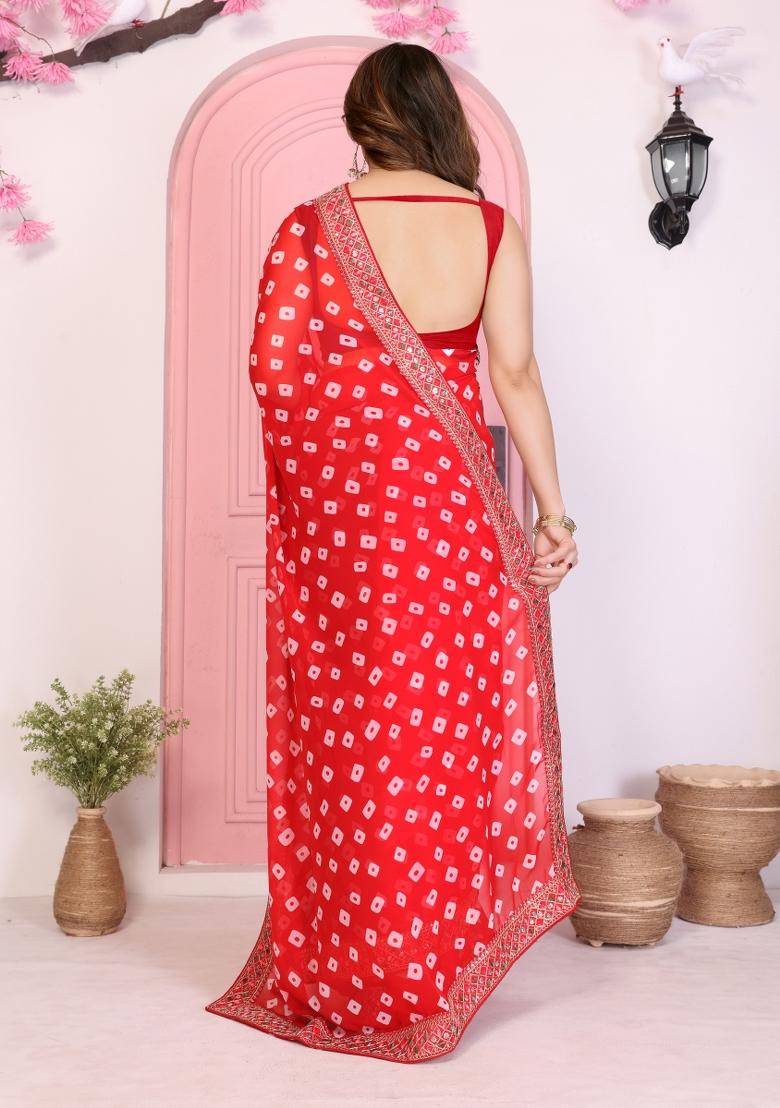 Red Printed Faux Georgette Saree Set - Indya