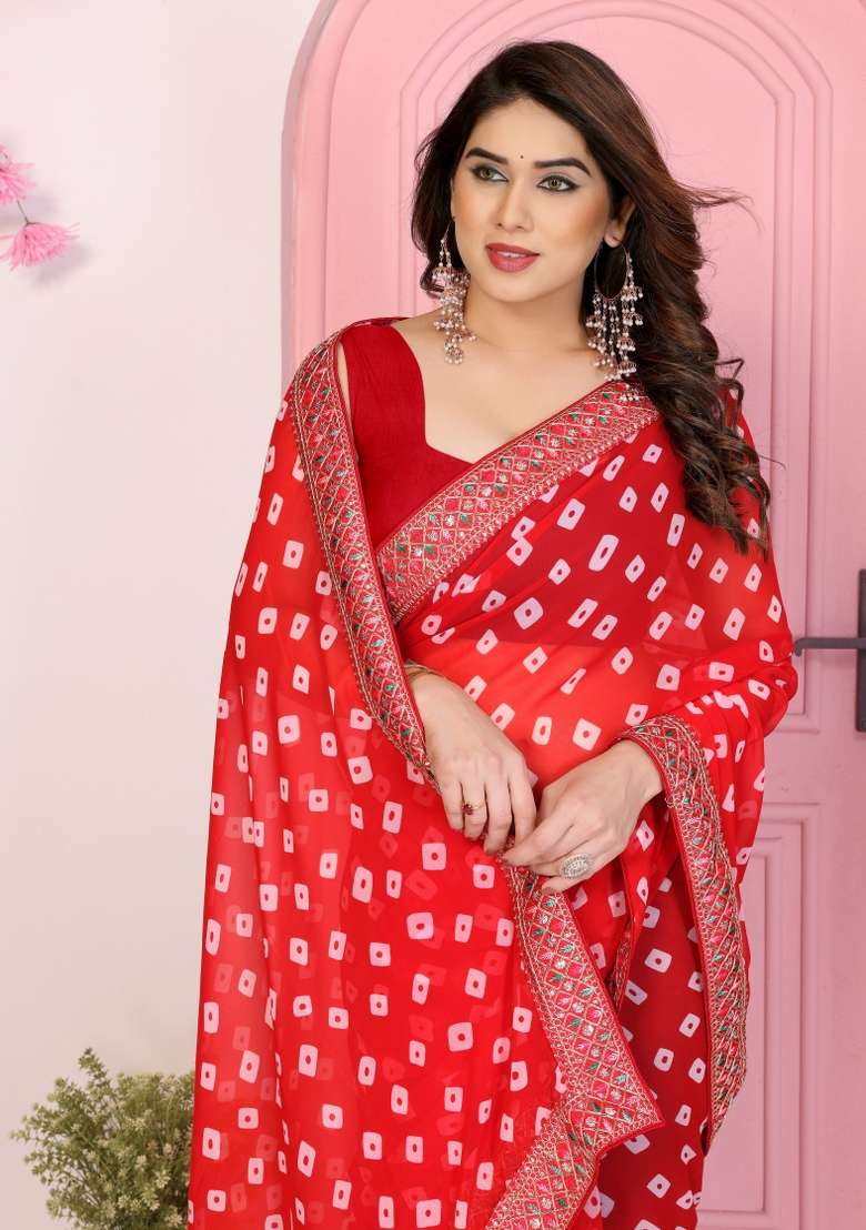 Red Printed Faux Georgette Saree Set for Diwali and Festive Wear - Indya