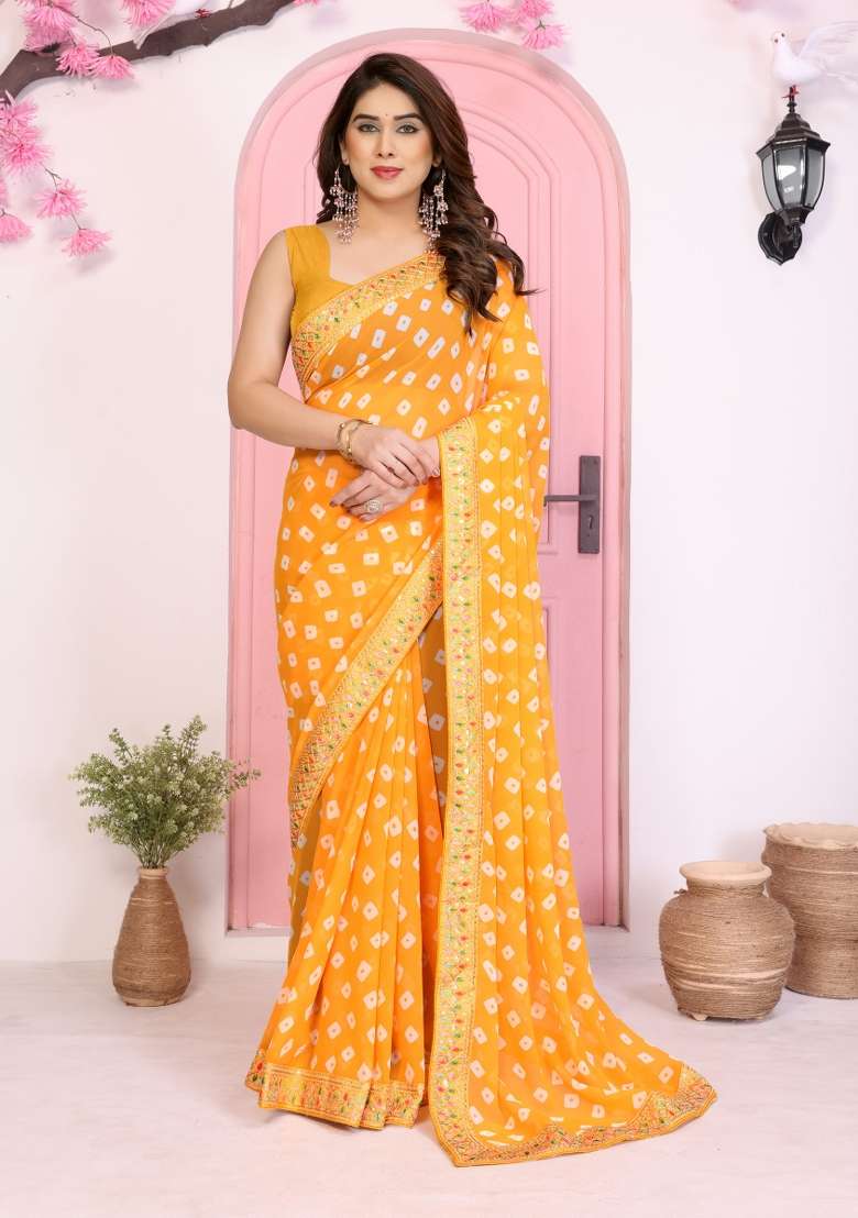 Yellow Printed Faux Georgette Saree Set for Diwali and Festive Wear - Indya