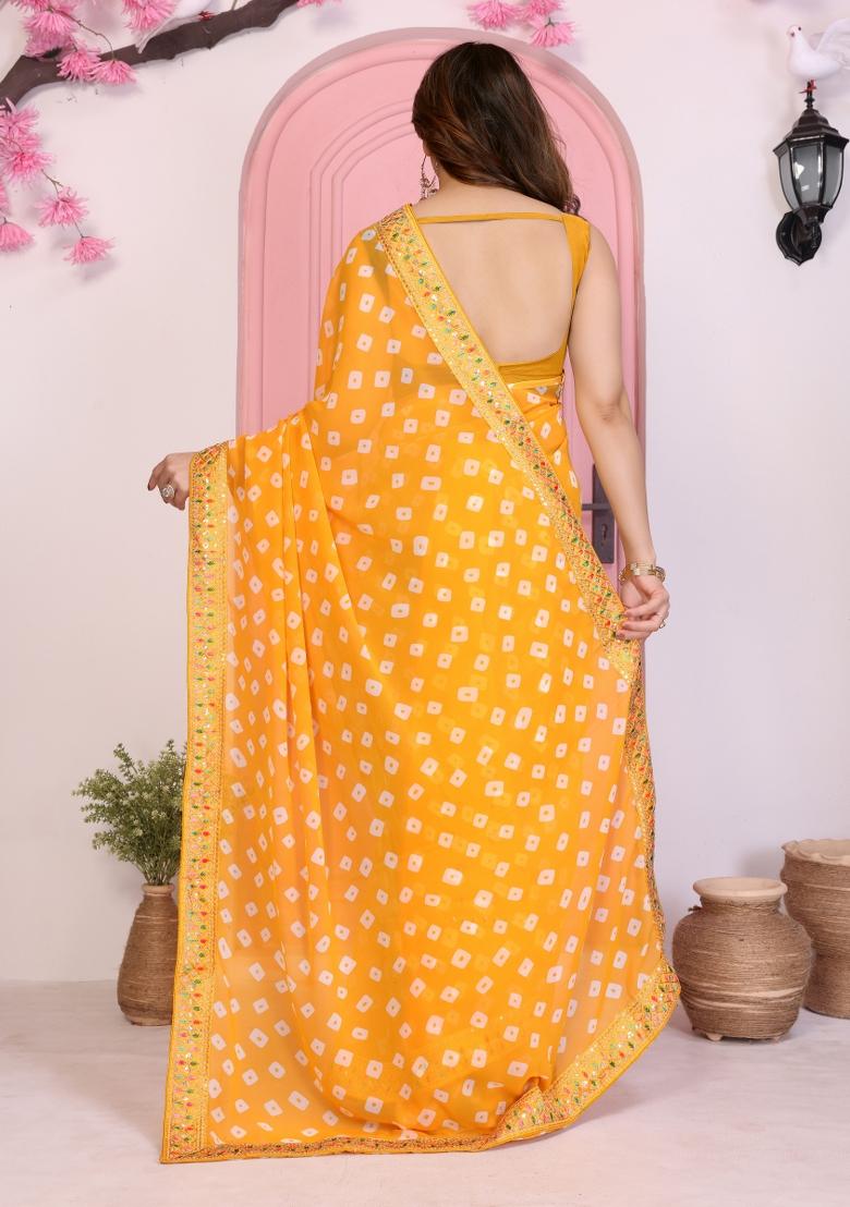 Yellow Printed Faux Georgette Saree Set - Indya