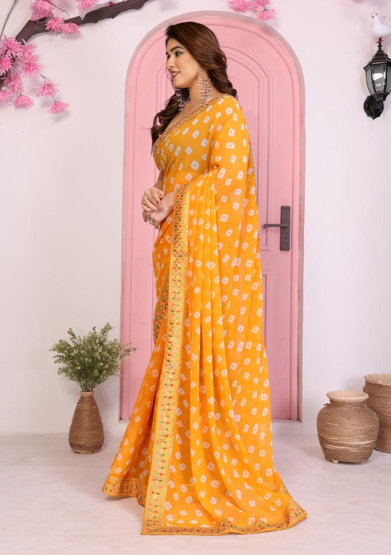 Yellow Printed Faux Georgette Saree Set - Indya
