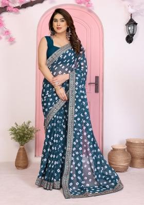 Teal Printed Faux Georgette Saree Set