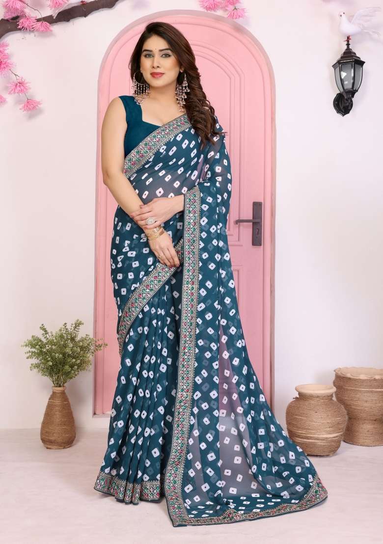 Teal Printed Faux Georgette Saree Set for Diwali and Festive Wear - Indya