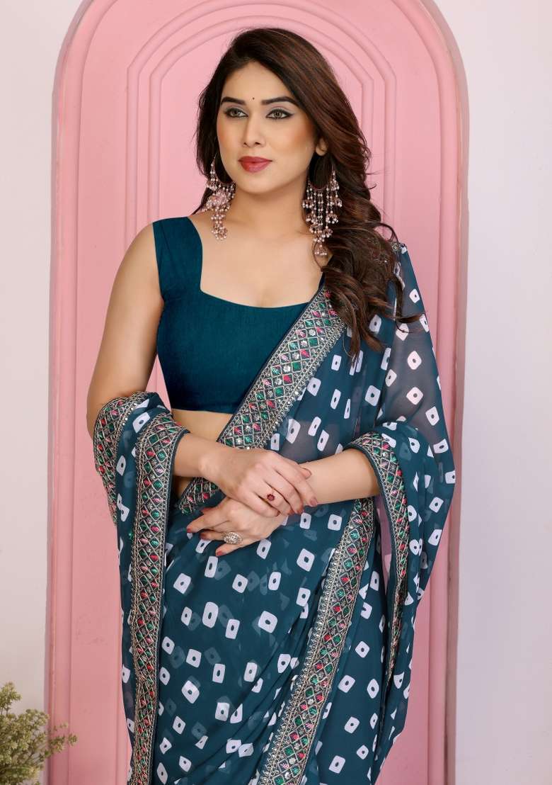 Teal Printed Faux Georgette Saree Set for Diwali and Festive Wear - Indya
