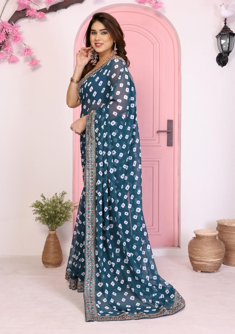 Teal Printed Faux Georgette Saree Set - Indya