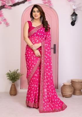 Pink Printed Faux Georgette Saree Set