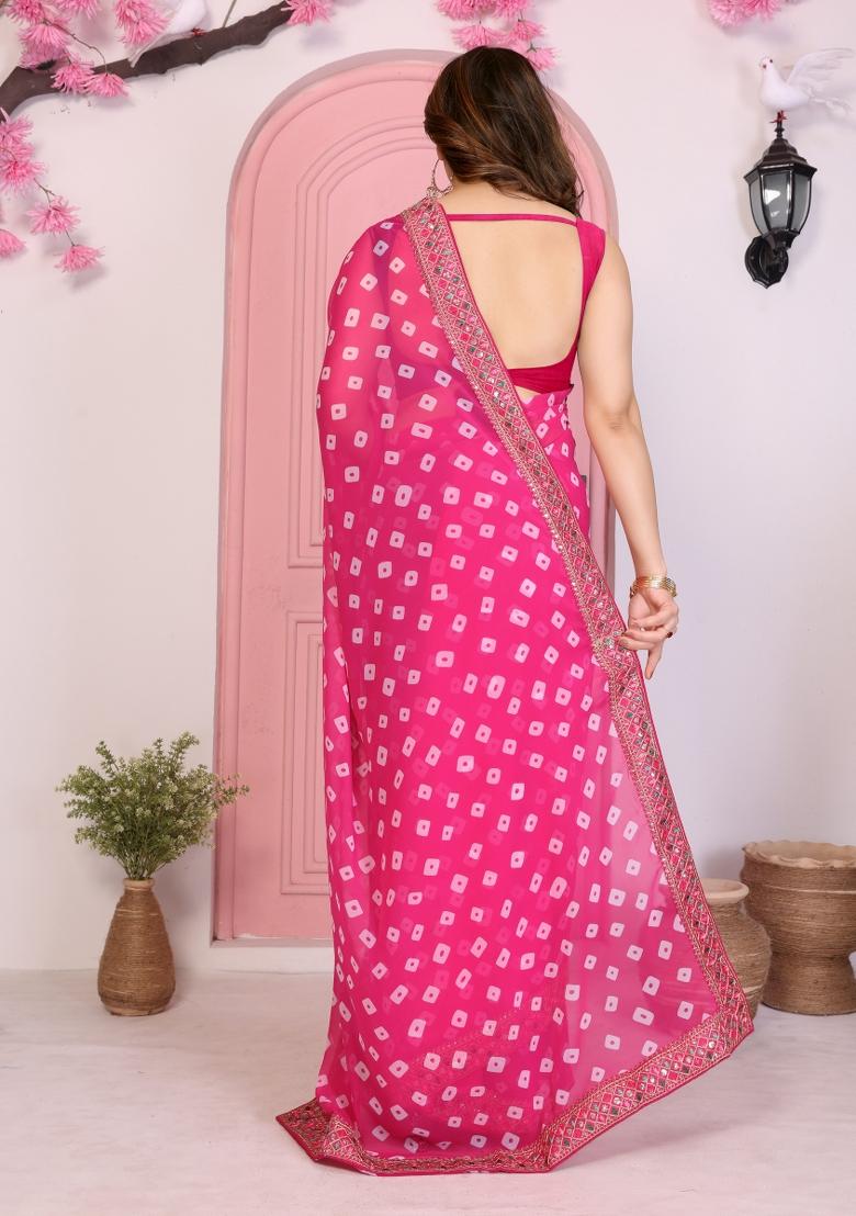 Pink Printed Faux Georgette Saree Set - Indya