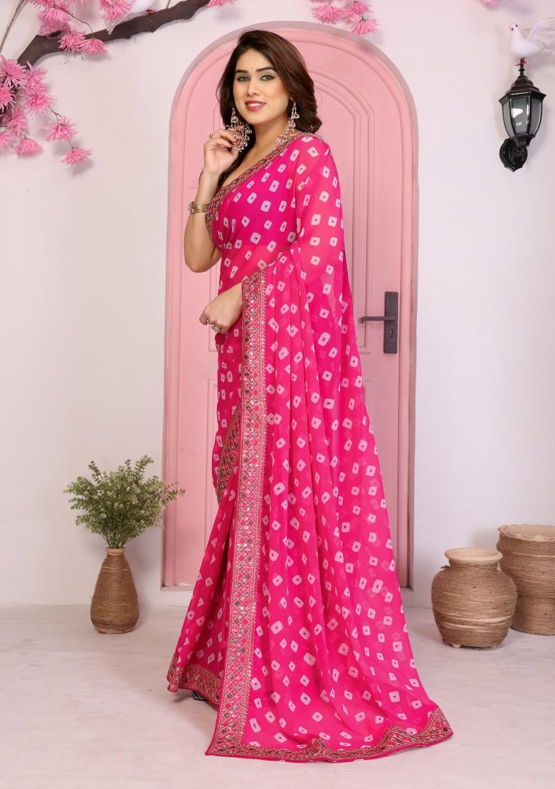 Pink Printed Faux Georgette Saree Set - Indya