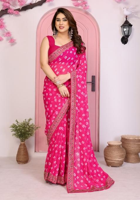 Pink Printed Faux Georgette Saree Set