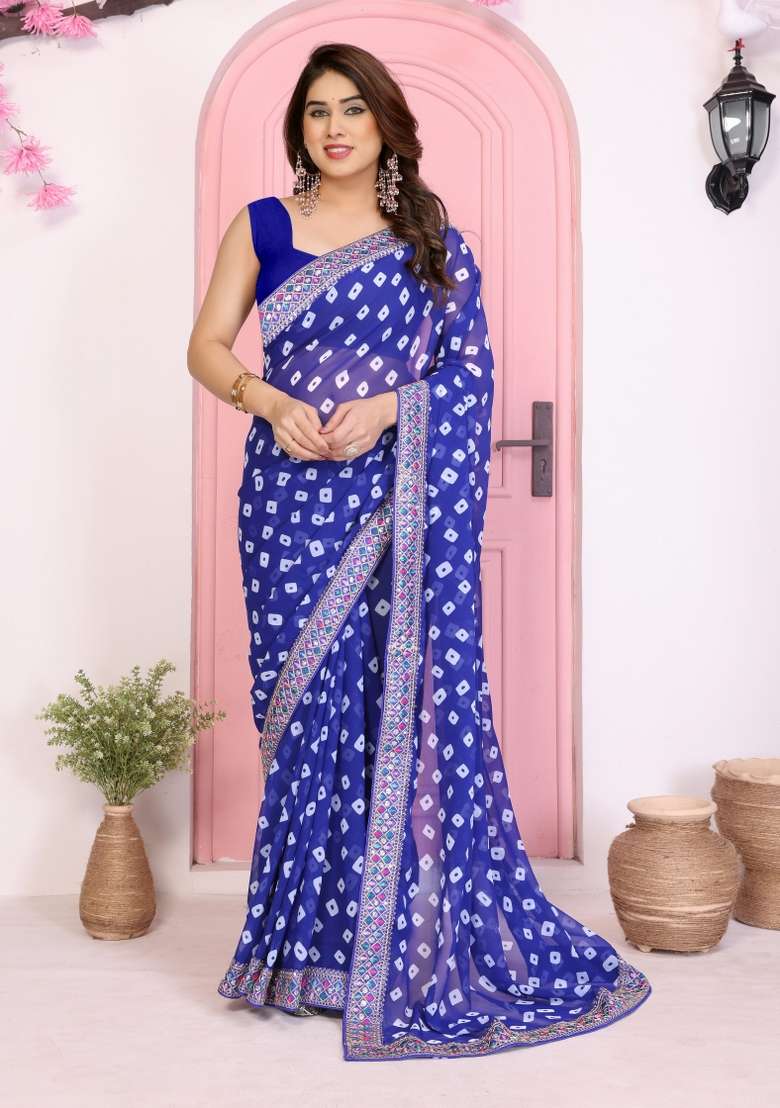 Blue Printed Faux Georgette Saree Set for Diwali and Festive Wear - Indya
