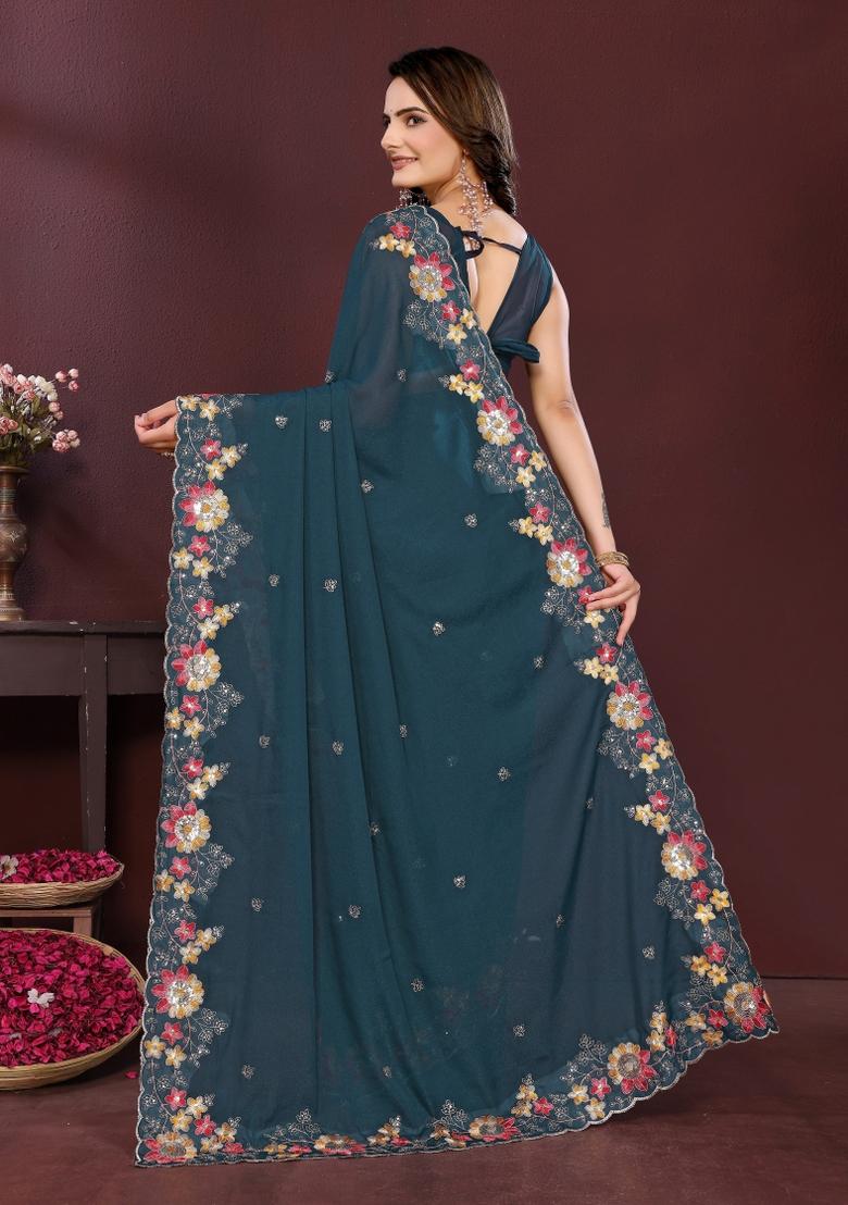 Teal Embroidered Faux Georgette Saree Set - Indya