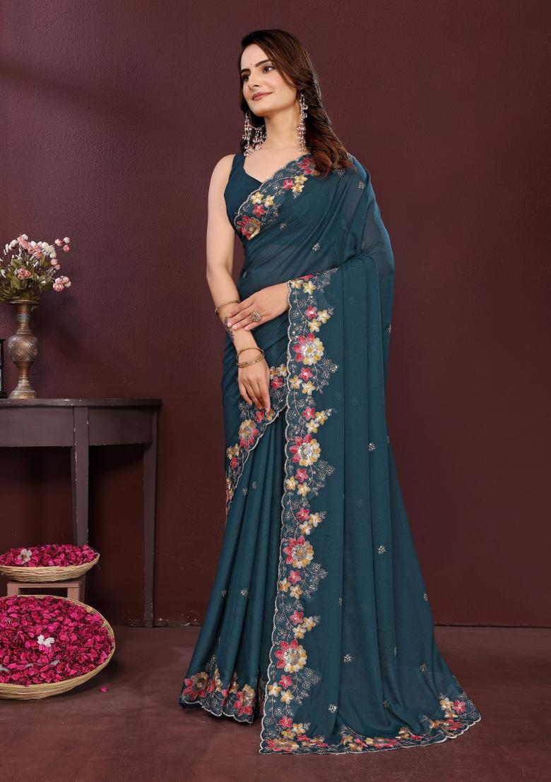 Teal Embroidered Faux Georgette Saree Set - Indya