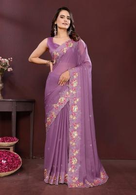 Lavender Embroidered Faux Georgette Saree Set