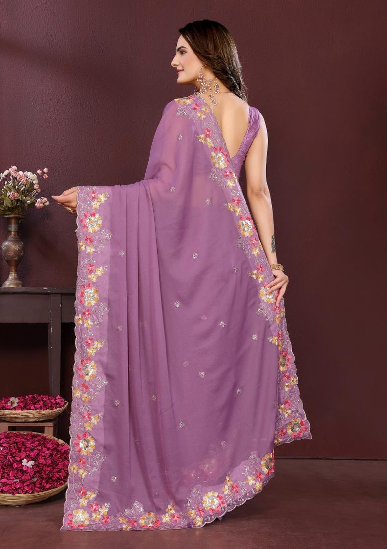 Lavender Embroidered Faux Georgette Saree Set - Indya
