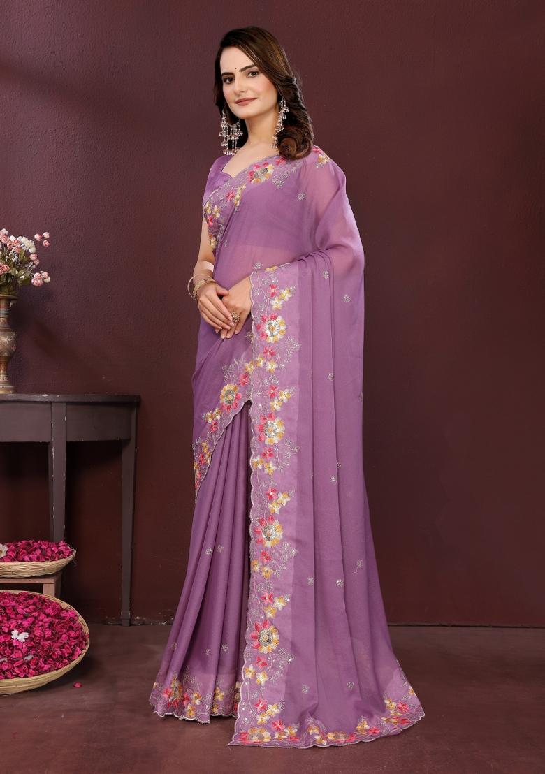Lavender Embroidered Faux Georgette Saree Set - Indya