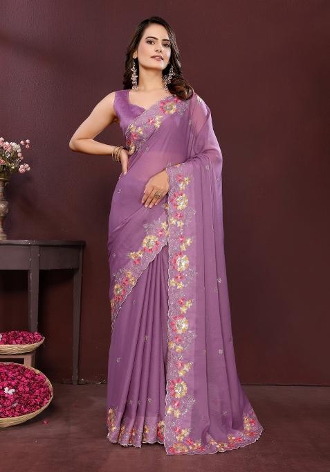 Lavender Embroidered Faux Georgette Saree Set