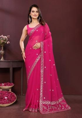 Pink Embroidered Faux Georgette Saree Set