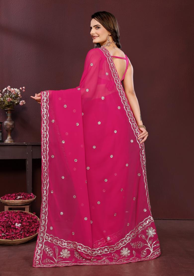 Pink Embroidered Faux Georgette Saree Set - Indya